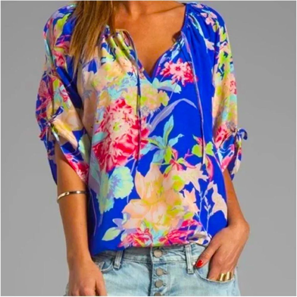 Sz S NWOT Yumi Kim Blue 3/4 Sleeve Relaxed Tie Front Blouse $128 MSRP